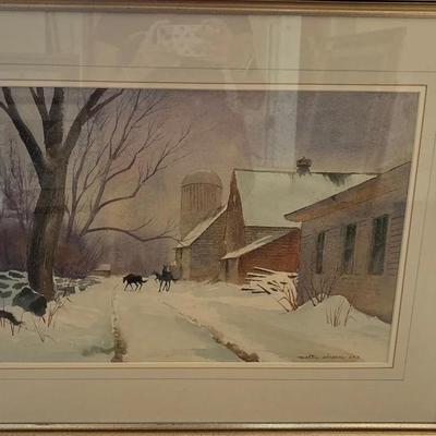 Framed Winter Farm Scene Watercolor – Signed Artwork