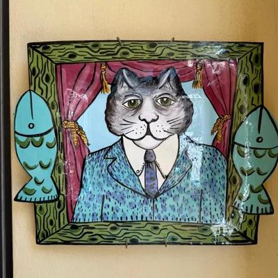 Whimsical Cat Portrait Metal Wall Art