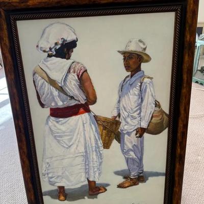 Large Signed “Market Conversation” Oil Painting by Helen Merri K – Framed