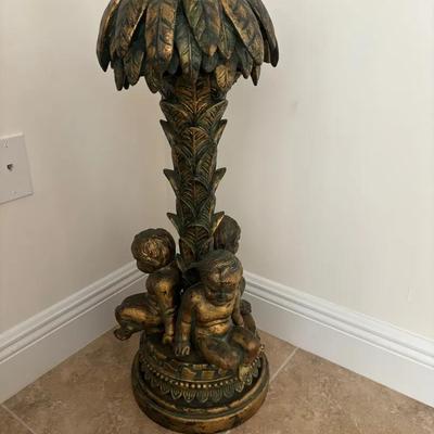 Tall Gilded Cherub Pedestal with Leaf Motif