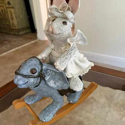 Ceramic Bunny Riding Rocking Bunny Figurine