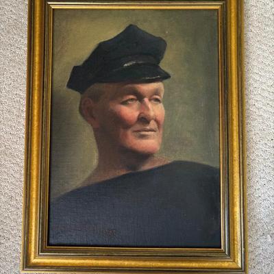 1936 Signed Portrait Painting “Harrison” – Man in Uniform Cap