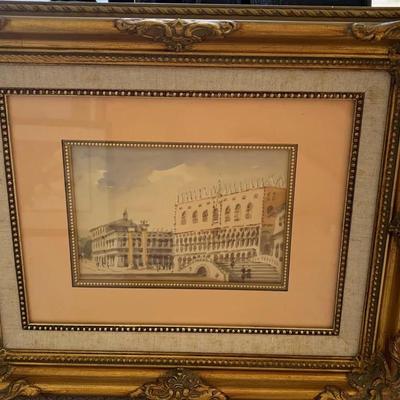 Framed European Architectural Print in Ornate Gold Frame