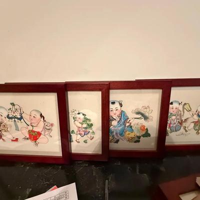 Set of 4 Framed Vintage Chinese Baby Folk Art Watercolor Prints