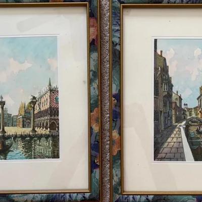 Pair of Framed European Street & Canal Art Prints