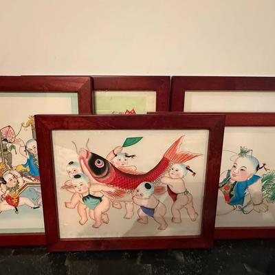 Set of 5 Vintage Framed Chinese Children Folk Art Paintings