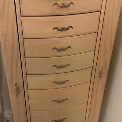 Light Wood Jewelry Armoire with Multiple Drawers