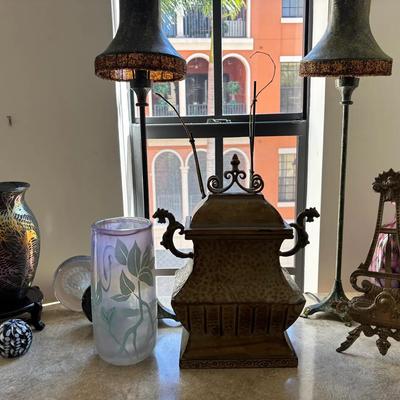 Collection of Art Glass Vases, Paperweights, Urn & Lamps