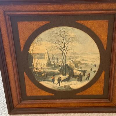 Framed Vintage Winter Village Scene Print