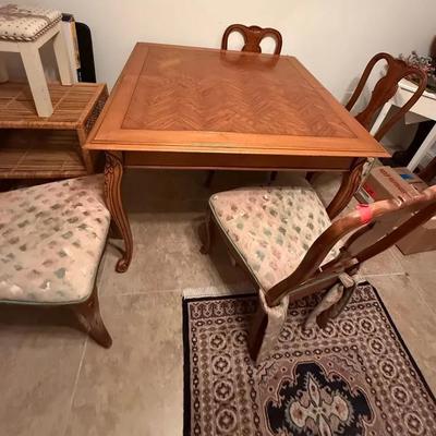 Vintage Wood Dining Table with 4 Upholstered Chairs