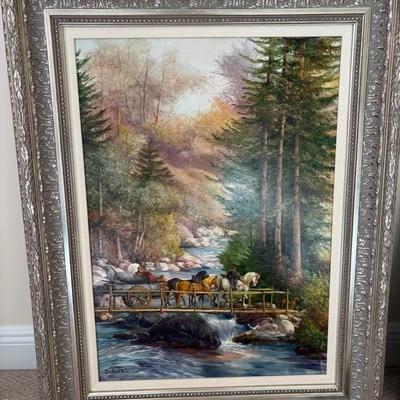 Large Framed Mountain Stream & Horse-Drawn Wagon Painting