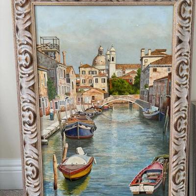Large Framed Venice Canal Oil Painting