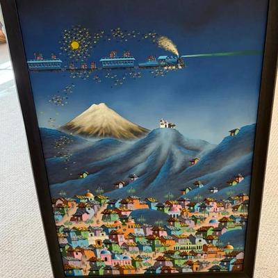 Large Framed Folk Art Mountain Village Painting