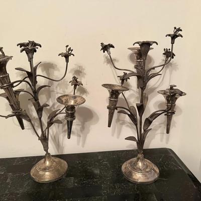 Pair of Ornate Vintage Silver-Plated Lily Candelabras