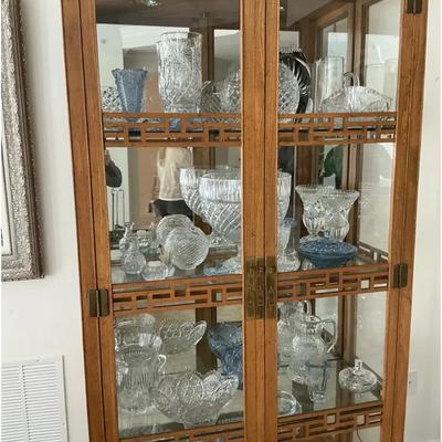 Tall Oak Curio Cabinet With Glass Doors & Interior Lighting