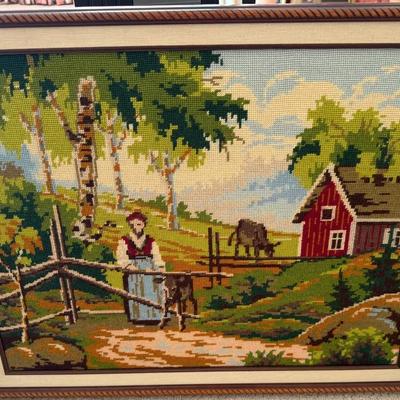 Large Framed Vintage Needlepoint Farm Scene