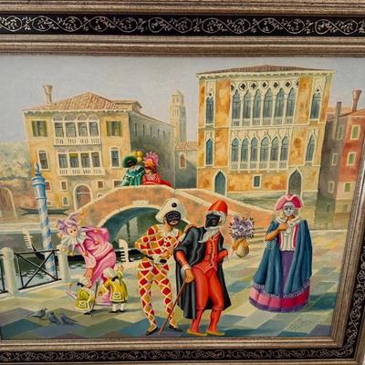 Framed Gio Ferro Venetian Carnival Scene Painting – Petra Gallery, Venice