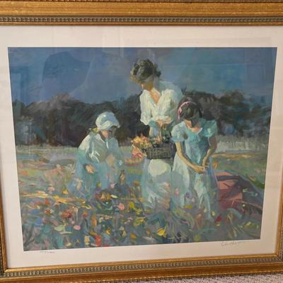 Framed Signed Print of Mother and Children in Meadow – Artist Signed