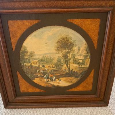 Vintage Framed Village Scene Print with Ornate Wood Matting