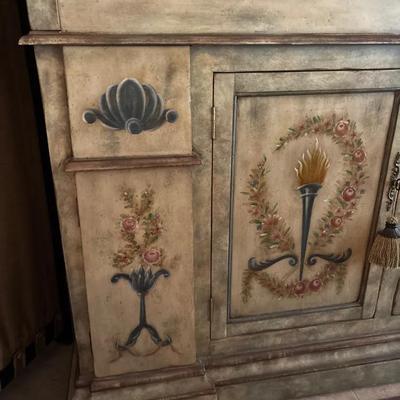 Hand-Painted Italian-Style Sideboard Buffet With Floral & Torch Motif