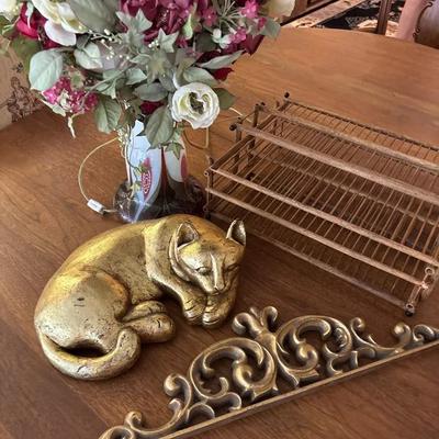 Mixed Home Décor Lot – Floral Arrangement, Gold Cat, Scroll Accent, Wooden Rack & Wall Shelf