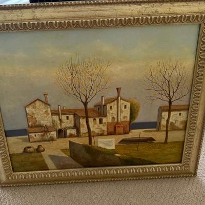 Large Framed Mediterranean Village Landscape Painting