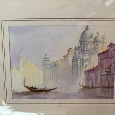 Signed Watercolor of Venetian Canal Scene With Gondolas