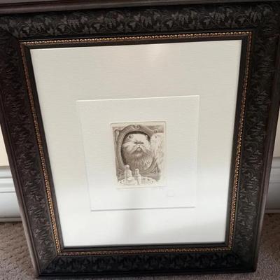 Framed Signed Etching — Persian Cat Portrait