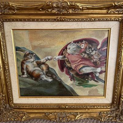 Framed Whimsical “Creation of Adam” Cat Parody Art