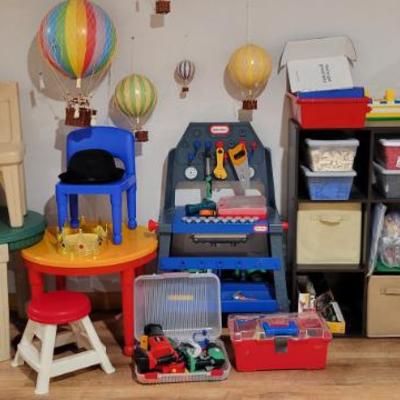 Sale Photo Thumbnail #130: Play Tables and Little Tikes Work Bench w/ Accessories,
and Legos in Cube Storage 