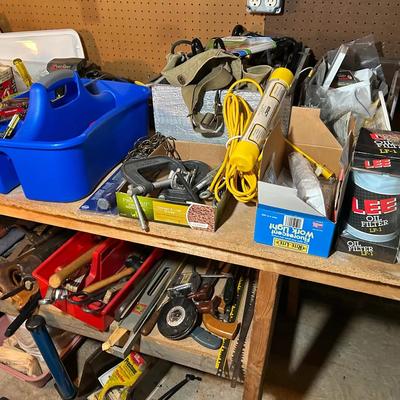 Lot Of Tools And Supplies On Workbench 