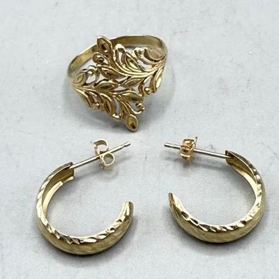 10k Yellow Gold Ring And 14k Gold Earrings 