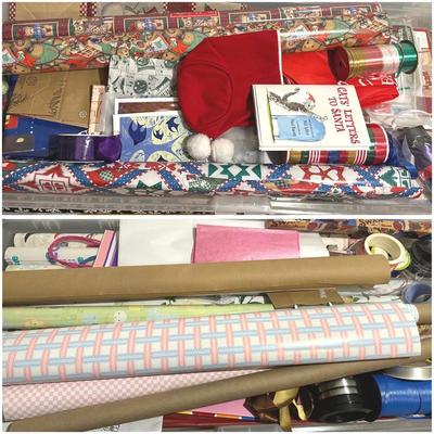 Two Bins of Gift Supplies: Wrapping Paper, Bags, Ribbon & More