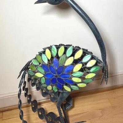 Peacock Metal & Stain Glass Sculpture 