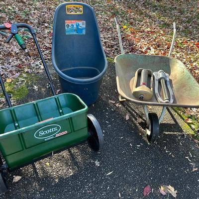 Wheelbarrow, Scotts Spreader, Rolling Cart And Sprinklers 