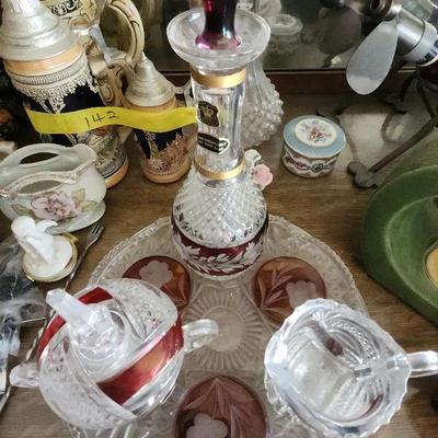 Ruby Red Decanter, sugar bowl, cream pitcher and plate