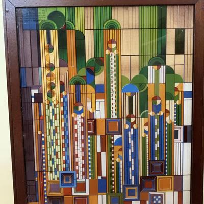 Frank Lloyd Wright "Saguaro Forms and Cactus Flowers Framed Stained Glass Panel