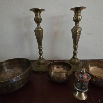 Brass(?) Set - (Singing?) Bowls, Candlesticks, and Prayer Wheel