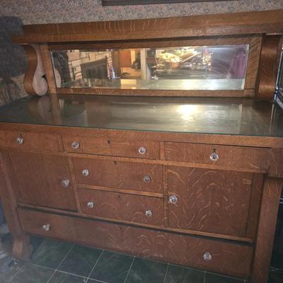 Antique Tiger Oak Sideboard/Buffet with Mirrored Backsplash