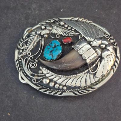Vintage S.S.I. Native American Bear Claw & Turquoise Belt Buckle