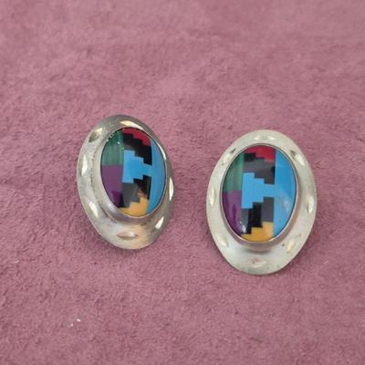 Vintage Sterling Native American Multi-Color Inlay Post Earrings - TW 7.3g