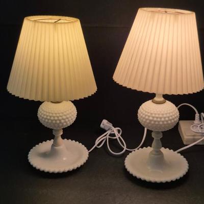 Vintage Hobnail Milk Glass with Candlewick Saucer Base Pair of Boudoir Lamps
