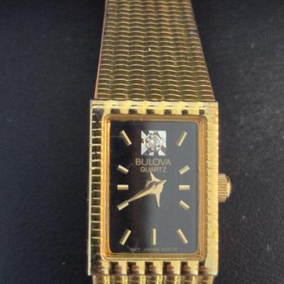 Vintage Bulova Diamond Ladies Analog Watch #92F09 - Black Rectangular Face