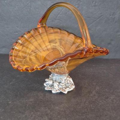 Vintage Hand Blown Murano Art Glass Ruffled Edge Basket with Silver Tone Floral Base - Amber Swirl Pattern