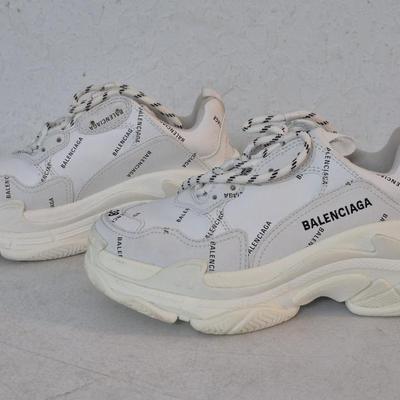 Balenciaga Triple S Women's Sneakers - White/All Over Logo (Black) - Size 8 - In Pouch