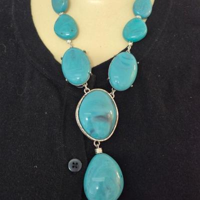 Vintage Avon Big & Bold Silver Tone & Faux Turquoise Y-Drop Necklace