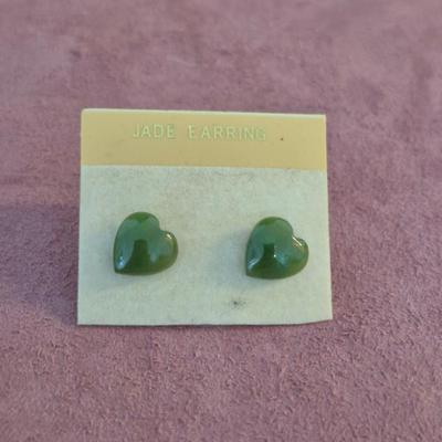 Vintage Genuine Jade Heart Stud Earrings