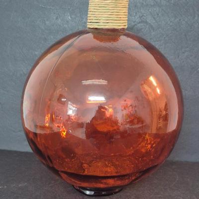 Vintage Made in Spain Orange Dimple Glass Bottle with Rope Wrapped Neck - It's Huge - 12" Diameter x 18" Tall