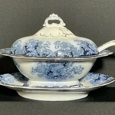 England Flow Blue Ormonde Pattern Lidded Soup Taureen & Ladel  