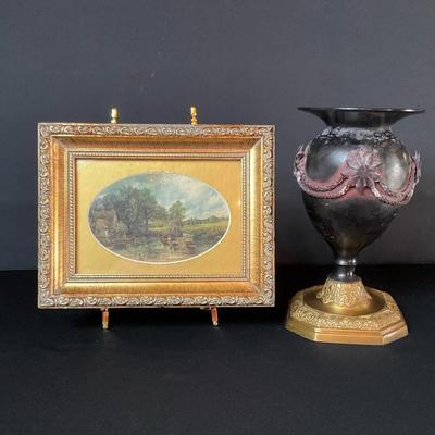 Framed Print And Metal Pedestal Vase